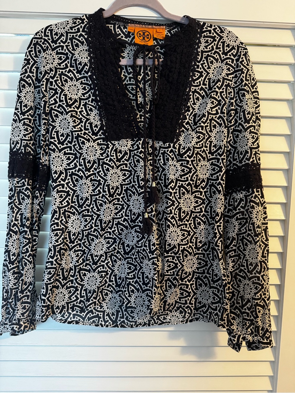 Tory Burch Blue  and White Printed Lace-Trim Tunic Top cotton